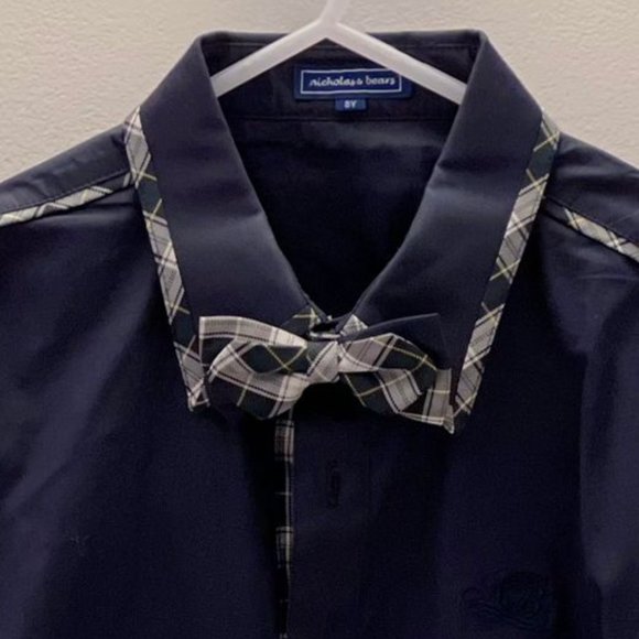 Nicolas & Bears Polka Navy Button Up Dress Shirt With Bow Tie - Picture 2 of 3